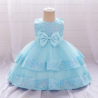 Robe de princesse à col rond pour enfants, style européen et américain, avec paillettes, pour bébé fille d'un an, robe de performance pour anniversaire