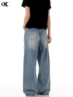 Jean large déchiré unisexe 11KN style rétro américain avec motif patte de chat - Pantalon baggy en denim délavé épais avec détails usés