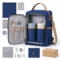 Sac à couverts de pique-nique avec ouverture frontale de style livre, porte-ustensiles et poches pour bouteilles, idéal pour le camping, les voyages et les repas en plein air