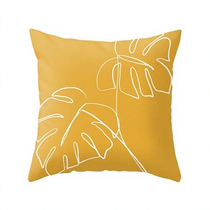 Minimalist Yellow Square Throw Pillow With White Monstera <b>Leaf</b> Pattern <b>Screen</b> Printed Decorative Cushion Cover - Product Image 1