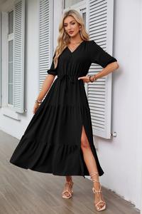 Price Deep V Neck <b>Short</b> Sleeve Boho <b>Dress</b> Solid High Waist Slit A-Line Flowy Drawstring <b>Dress</b> Club Party Evening <b>Maxi</b> <b>Dress</b> - Product Image 4