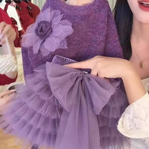 Tongxingyuan Girls Purple Tulle Sweater With Flower Bow Tutu Skirt Set Winter New Year Outfit - Product Image 2