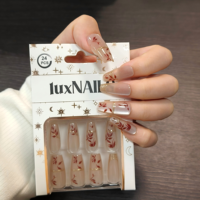 24 faux ongles à presser, rose nude, effet œil de chat, feuille de feuille d'or rouge, forme amande moyenne, réutilisables, élégants, style chinois, luxe léger