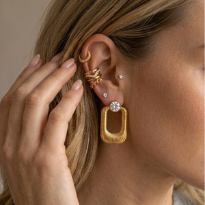 Geometric Gold Tone <b>Stud</b> <b>Earrings</b> With Clear Zircon Bezel Setting For Women Fashion Jewelry - Product Image 2