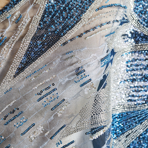 Tissu en <span class=keywords><strong>tulle</strong></span> perlé, brillant, lisse, respirant, broderie florale bleue perlée pour robe de princesse pour enfants - Product Image 4