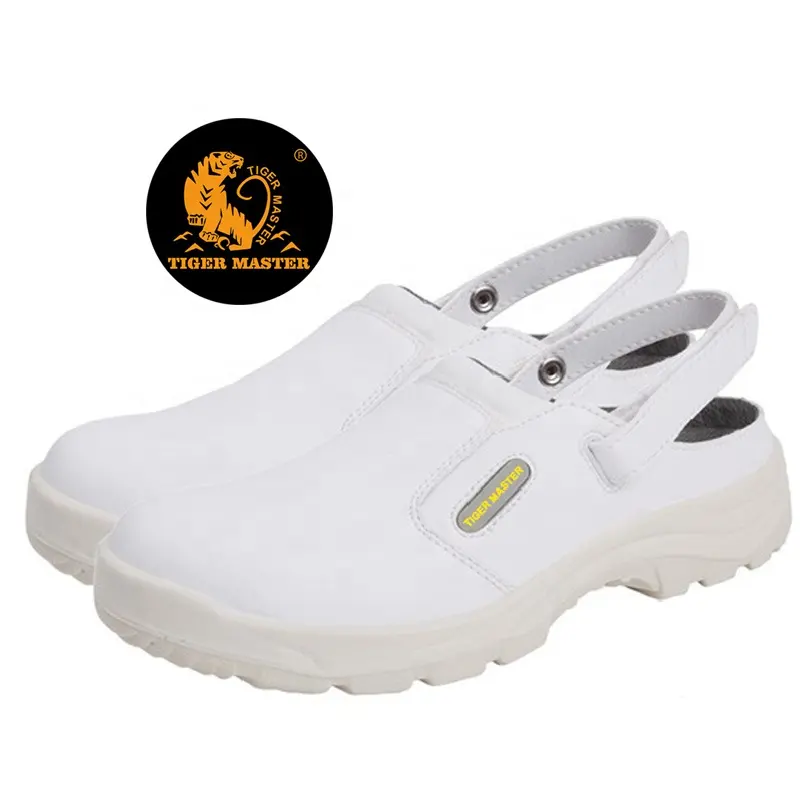 Slip resistant white microfiber leather steel toe kitchen chef sandal summer safety shoes for work
