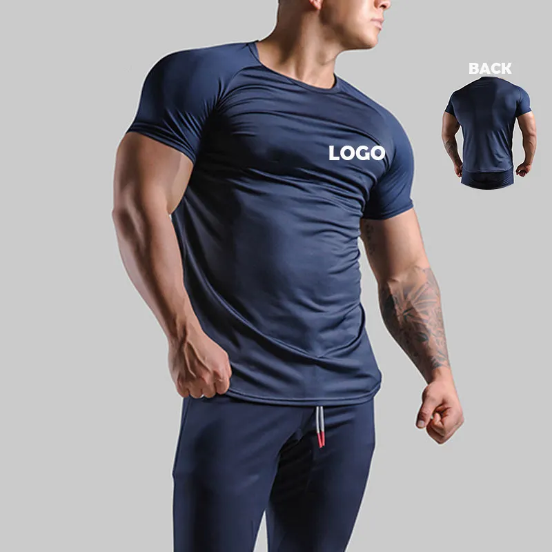 Spor spor giyim erkek Polyester T Shirt özel tasarım 90% Polyester % 10% Spandex spor erkek kas Fit T gömlek