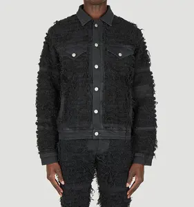 OEM Customized Mens Black Denim Distressed Jacket Heavy Washed Black Means Denim Jacket