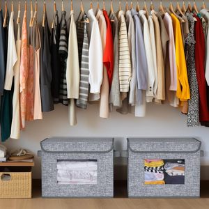 Modern Fabric <b>Storage</b> <b>Bins</b> with <b>Lids</b> Stackable 4 Pack for Clothes Grey Linen - Product Image 6