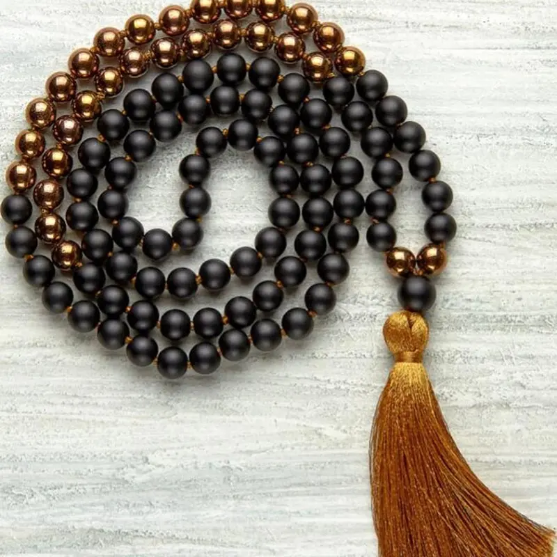 ST0753 Matte Black Onyx   Gold Hematite Beaded Mala Necklace Women Men Hand knotted Blessing Jewelry Japa mala Meditation Beads