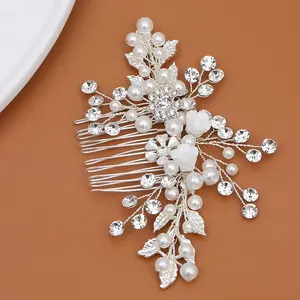 Wholesale Fashion Wedding Party Jewelry Rhinestone Pearl And Crystal Gold Hair Comb Clip For Bridal Accessory