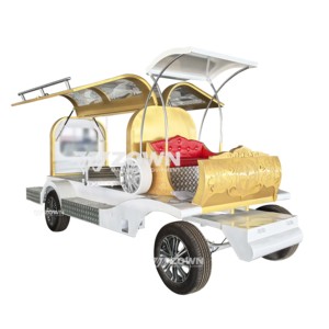 Carruage funéraire doré avec sellerie rouge et auvent blanc pour transport spécial - Product Image 4