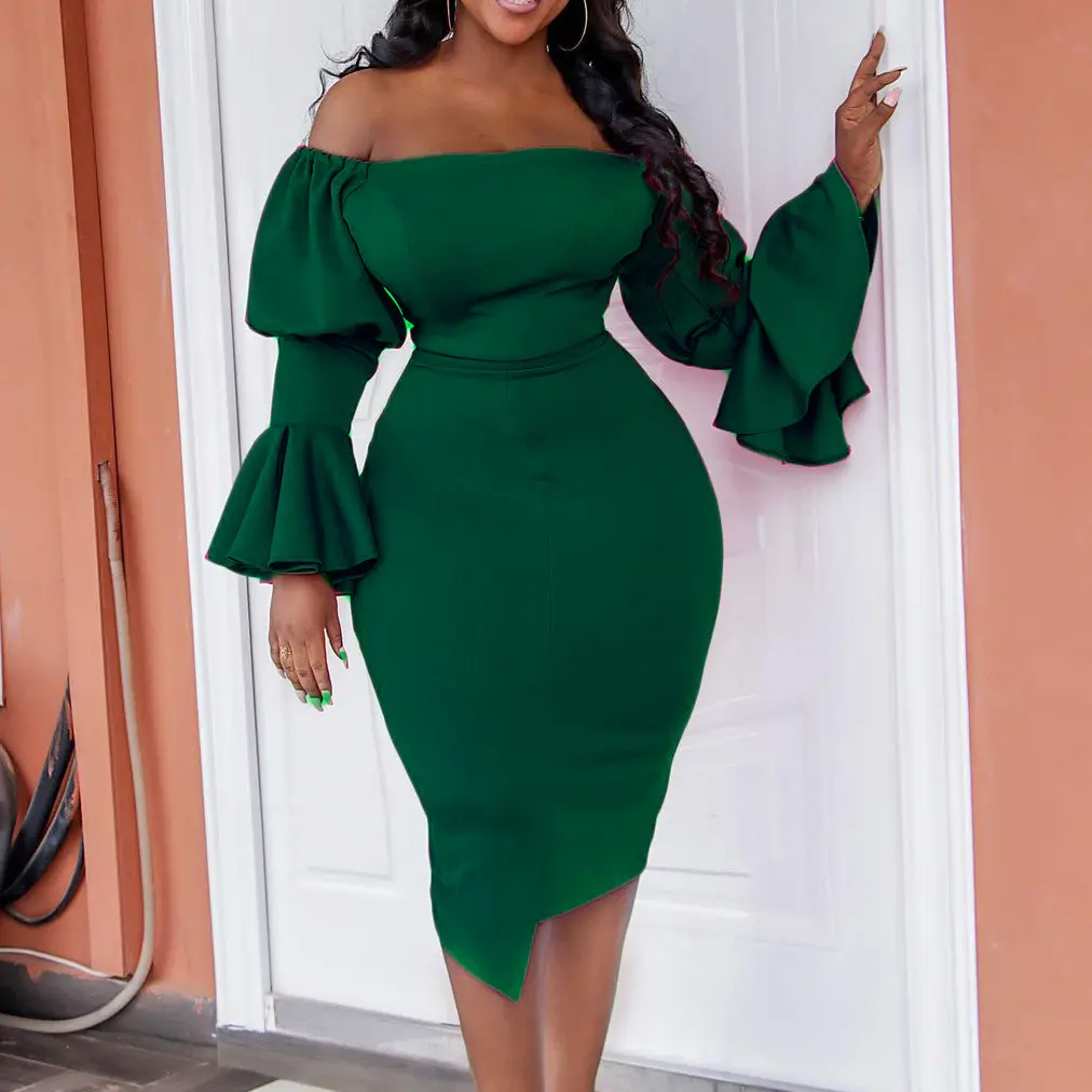 2022 Trendy Green Solid Color Women's Sexy Dresses Plus Size Flared Sleeve Wrap Bodycon Dress Women Clothing