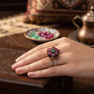 Ottoman Design Flower Shape Emerald with <b>Ruby</b> Stone Wholesale Handcrafted Authentic Silver <b>Ring</b> Trendy Women Jewelry - Product Image 3