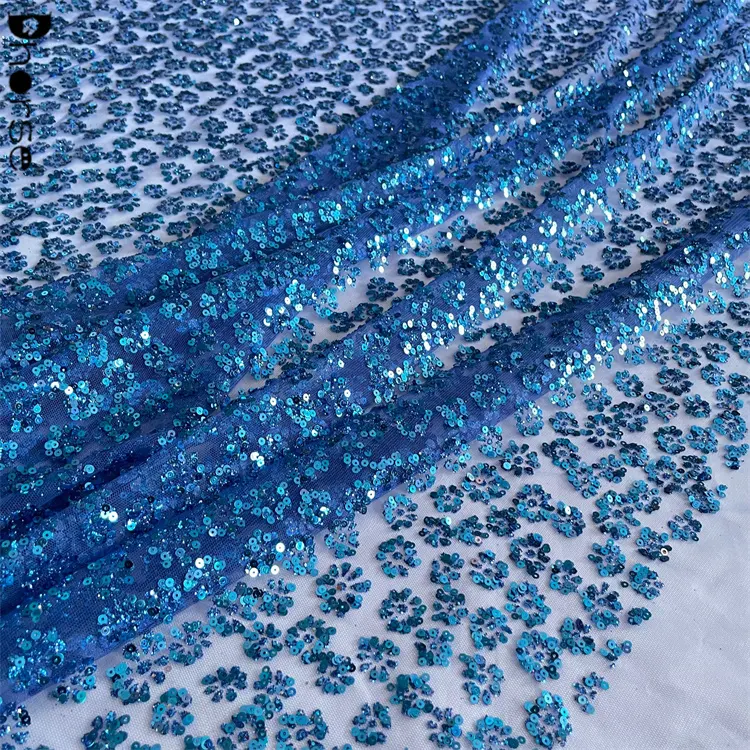 ผ้าลูกไม้ประดับกลิตเตอร์สำหรับชุดเดรสใหม่ดีไซน์ลายดอกไม้สีฟ้ามันวาวขนาดเล็ก