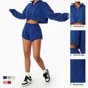 Ensemble 2 pièces sweat à capuche et short de sport pour femme haut court zippé et ceinture élastique séchage rapide pour la saison d'automne grande taille - Product Image 4