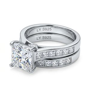 925 Silver Gold Plated Two-Piece Ring Set Three Plated Moissanite Engagement Ring Princess Square Cut Central Stone <b>Halo</b> Unisex - Product Image 2