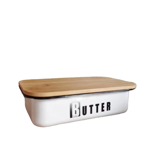 Vaisselle écologique en porcelaine émaillée métal acier plat à beurre couvercle en bambou beau conteneur usage domestique professionnel - Product Image 1