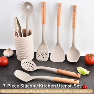 8-Piece Silicone Kitchen Utensil <b>Set</b> with <b>Wooden</b> Handles Spatula Ladle Heat Resistant Nonstick Cooking <b>Tools</b> - Product Image 1