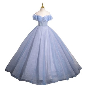 Off Shoulder Light Blue Tutu Dress Long Skirt Princess Style Stage Performance Women Adult - Product Image 5