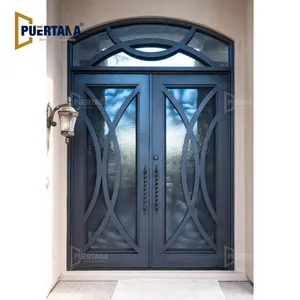 Austin Model Double Front Entry Doors Wrought Iron Main Entrance Door With Tempered Frosted Glass Dark Bronze Finish