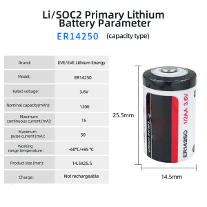 Originele ER14250 3.6V 1200mAh 1/2AA Li-SOCl2 primaire lithium batterij, niet-oplaadbaar, voor slimme watermeter - Product Image 2