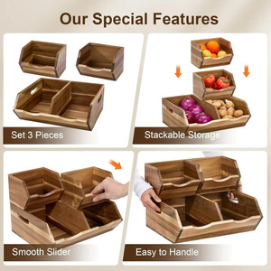 Cesta de almacenamiento compartimentada de doble capa de madera con asa para frutas, verduras y uso en la cocina, 35.5x25.4x25.9cm - Product Image 3