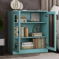Bibliothèque à 3 étagères en bois à double porte avec portes en verre transparent, vitrine turquoise pour le salon et le bureau à domicile