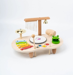 Wholesale Multi-function Wooden Music Table 8 in 1 Orff Wind Chime Percussion Instrument Set Xylophone <b>Drum</b> Guiro Bell - Product Image 5
