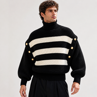 Pull-over pour homme rétro nautique noir à larges rayures, col roulé, tricot épais, manches longues bouffantes, fournisseur de logos personnalisés