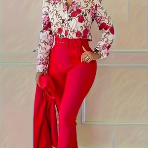 Women's 2025 Summer Casual Commuting Set Slim Fit Denim <b>Pants</b> and Short Length Hot Printed Top Digital Printing Method - Product Image 3