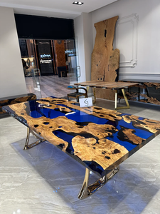 Popüler ceviz ahşap ev mobilyası özel tasarım katı ahşap döşeme yemek epoksi reçine nehir tabloları - Product Image 5