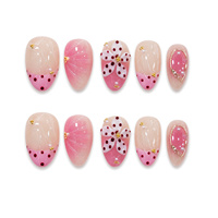 Lot de 10 faux ongles amande roses mignons faits à la main, motif pois et fleurs, à presser, style adorable