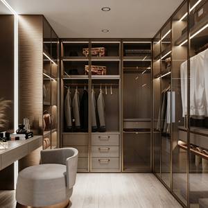 Custom Walk-In Closet System With Sliding <b>Glass</b> Doors Glossy Finish & Gold Trim Integrated Drawers & LED Lighting - Product Image 2