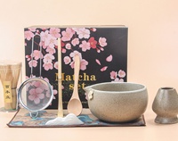 Ensemble de thé matcha traditionnel, 8 pièces, bol à matcha en céramique à texture mouchetée avec fleur de cerisier 3D avec bec verseur