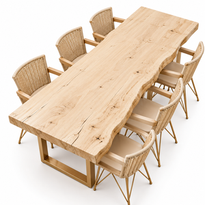 Rustic Live Edge Solid Wood <b>Dining</b> Table Set with Woven Rattan <b>Chairs</b> and <b>Black</b> <b>Metal</b> Legs for Modern <b>Dining</b> Spaces - Product Image 5