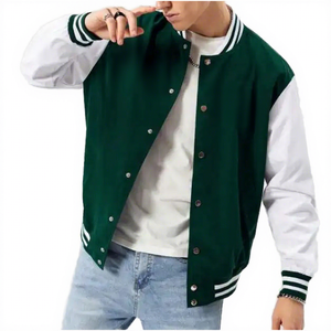 Veste de baseball décontractée pour homme, verte et blanche, en coton et polyester, couleur unie, col rabattu, coupe classique, pour l'automne - Product Image 1