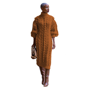 Fabricantes de prendas de punto de invierno Vestido de suéter delgado de manga larga de cuello alto personalizado Vestido de punto ajustado de costilla larga informal para mujer - Product Image 3