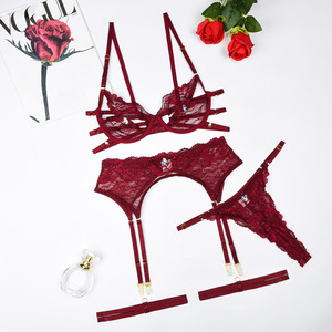 Conjunto de lencería sexy de encaje elástico con aros y diseño hueco en rojo vino para mujer, control firme, video caliente 18+ - Product Image 4