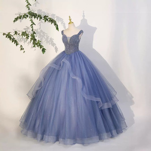 Spring Princess Evening Gown Royal Blue Chiffon Ball Gown Sweetheart Neckline Empire Waistline Glitter Dress - Product Image 1