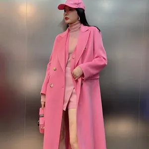 2024 hot itme Women luxury elegant classic 90% wool 10% cashmere MM pink color long coat