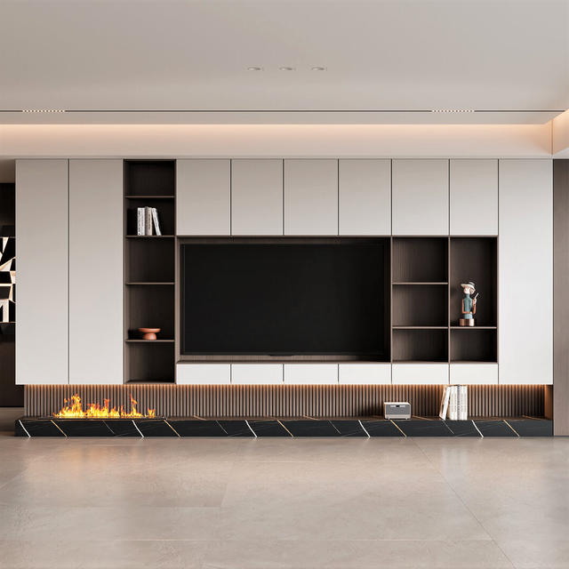 Customizable Adjustable Wooden Modern TV Stand with Floor Mount Storage LED Lighting & Fireplace