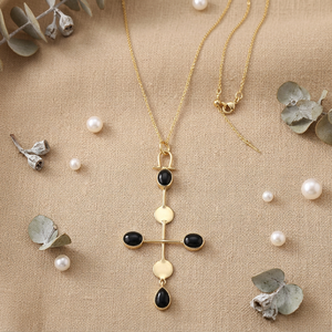 Cross Pendant Necklace Black Onyx Oval & Pear Gemstone 18k Gold Plated Brass Minimalist Religious Jewelry Necklace For Unisex - Product Image 4