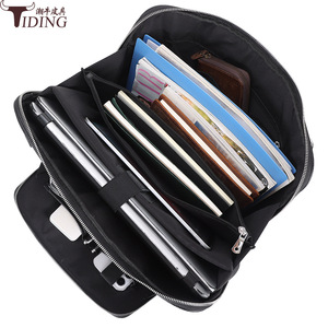 Tiding Genuine Leather Men's Business <b>Briefcase</b> 15.6 Inch Laptop Bag Durable Solid Color Black - Product Image 3