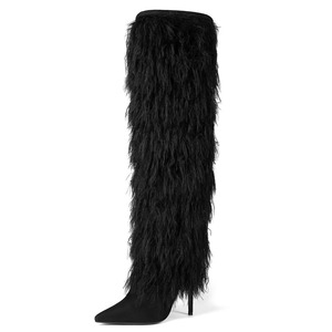 Bottes hautes en daim à fourrure épaisse pour femme, grande taille 44, à bout pointu, talons aiguilles, avec pompons en fourrure - Product Image 6