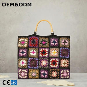 Bolso Tote Cuadrado de Algodón Crochet 3168 L, Patrón <span class=keywords><strong>Patchwork</strong></span>, Asa de Bambú, Forro Doble de Algodón, Bolso Elegante para Fin de Semana o Uso Diario - Product Image 1