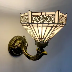 LongHuiJing 티파니 벽 램프 노란색 육각 스테인드 글라스 전등 갓 골동품 기본 임무 램프