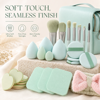 Logo personnalisé 33 pièces : Bandeau pour cheveux, Éponge de maquillage pour le visage, les yeux, le blush et la poudre, Trousse de maquillage verte, Ensemble de pinceaux de maquillage