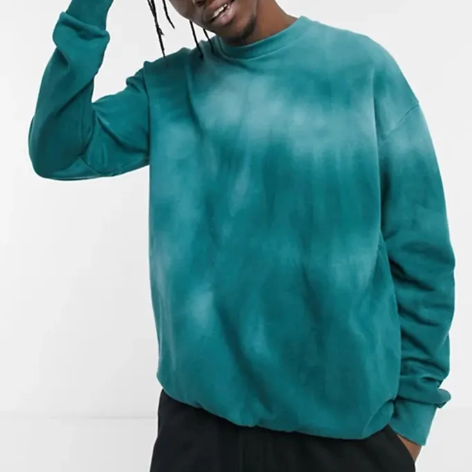 Decheng – sweat-shirt à capuche bicolore pour homme, vêtement d'automne personnalisé, vert clair, délavé à l'acide, épaules tombantes, côtelé, col ras du cou, Tie Dye