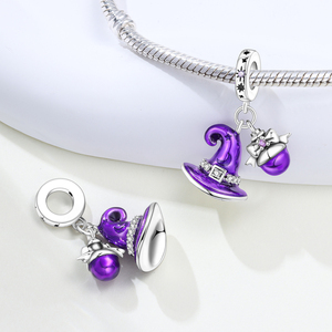 Abalorio de aleación plateada con diseño de sombrero de bruja morado, esmalte violeta brillante, gorro de mago, cristal CZ, joyería de bruja mágica de Halloween - Product Image 2
